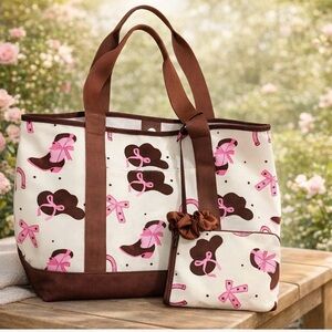 NEW Pink & Brown Cowboy Boot Print Tote Bag + Matching Wristlet | Bow
